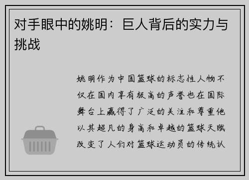 对手眼中的姚明：巨人背后的实力与挑战