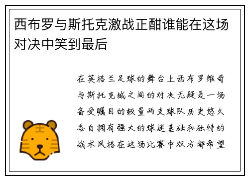 西布罗与斯托克激战正酣谁能在这场对决中笑到最后