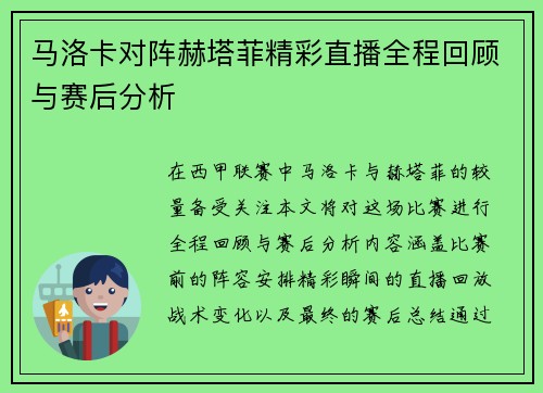 马洛卡对阵赫塔菲精彩直播全程回顾与赛后分析